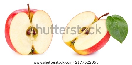 Isolated red apple half with leaf. Red apple on white background with clipping path. As design element.