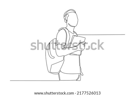 One continuous line drawing of boy student standing with backpack on his back and hold book in his hand. Back to school concept. Single line draw design vector graphic illustration. Royalty-Free Stock Photo #2177526013