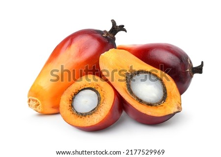 Palm oil nuts with cut in half isolated on white background. Clipping path. Royalty-Free Stock Photo #2177529969
