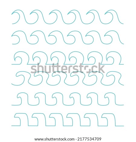 Set of 6 blue vector waves in line art on white background