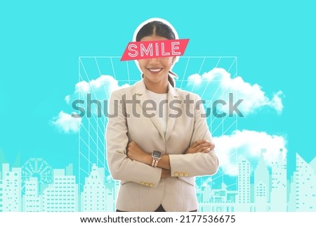 People with positive emotion looking in contemporary collage art concept. Portrait of young adult business entrepreneur woman confident smile teeth. Background with pixel art modern city.
