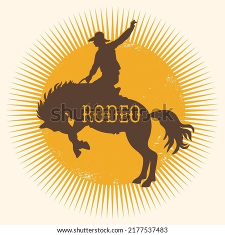 Rodeo wild horse vector symbol. Silhouette of Cowboy riding a wild horse on yellow sun in symbol flat style illustration isolated