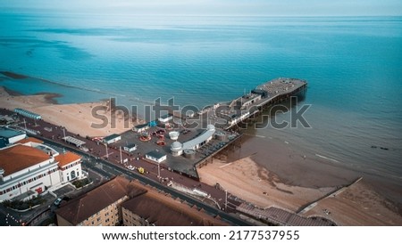 Hastings Pier from the air in the Summer showing UK beach Royalty-Free Stock Photo #2177537955