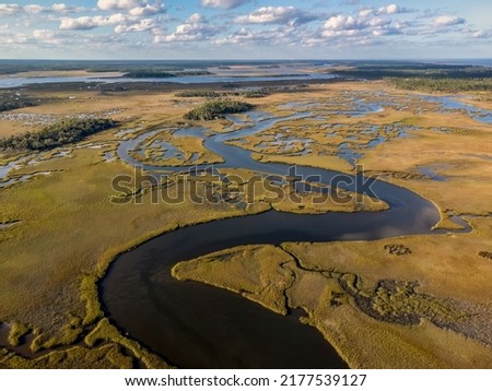 Aerial Drone View of Northeast Florida Wetlands in the Guana River Wildlife Management area with snaking river waterway. A natural habitat for fish, birds, insects and a  variety of aquatic species Royalty-Free Stock Photo #2177539127