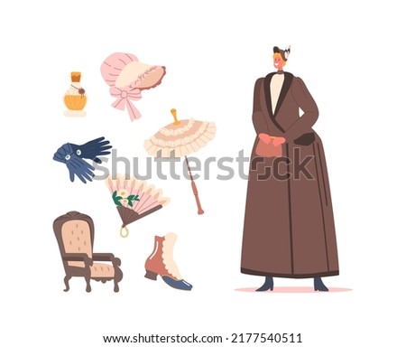Set 19th Century Lady Fashion. Woman Wear Long Elegant Gown and Hat. Victorian Isolated Retro Female Accessories, Perfume, Gloves, Umbrella, Fan, Boots, Armchair. Cartoon People Vector Illustration