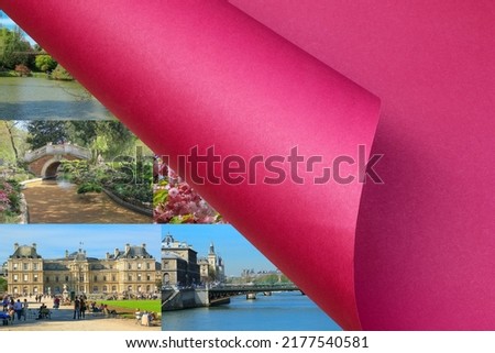 Twisted roll of red paper against the background of the the cityscapes of Paris. France. Place for text. Template for advertising.