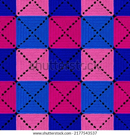 Seamless knitted pattern in patchwork style. The geometric elements are crocheted from multi-colored acrylic yarn. Contrasting colors.