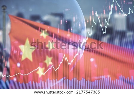 Abstract creative financial graph interface and world map on flag of China and blurry cityscape background, forex and investment concept. Multiexposure