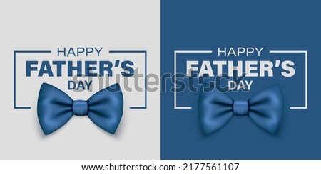 Vector Fathers Day Banner. Text with 3d Realistic Silk Blue Bow Tie. Glossy Bowtie, Tie Gentleman. Fathers Day Holiday Concept. Design Template for Greeting Card, Invitation, Poster, Print