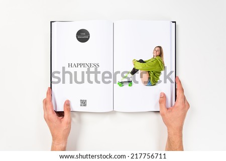 Pretty young girl with roller-skates printed on book