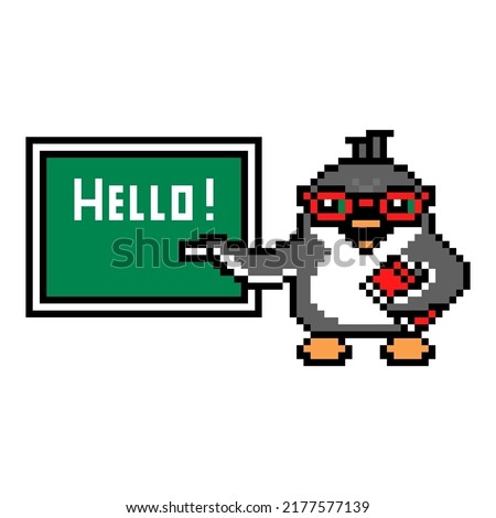 Penguin teacher writing "Hello" on a green chalkboard with a piece of chalk, pixel art animal character on white. 8 bit video game graphics. School, university, college mascot. Science, education logo