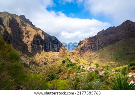 View on the sun kissed Masca valley, one of the many tourist attractions on Tenerife in the Canary Islands. Royalty-Free Stock Photo #2177585763