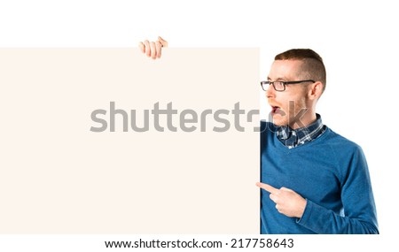 Man with empty placard over isolated white background