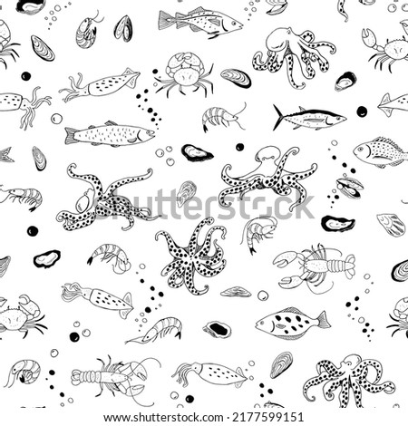 Ocean life: octopus, crab, lobster, squid, shrimp, oyster, mussels, fish seamless pattern.