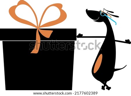 Funny dog with and huge present box with ribbon. 
Cartoon dachshund celebrating birthday or important event. Black on white background
