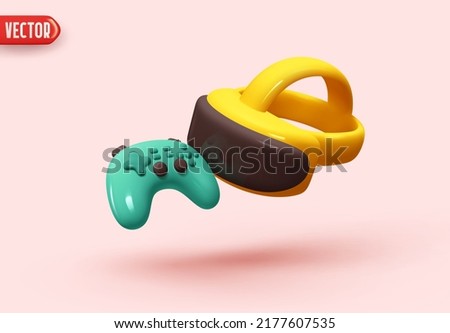 Virtual reality glasses and gaming controller. Futuristic realistic 3d creative concept design. Modern technological devices. game element. Minimal trendy In plastic cartoon style. vector illustration