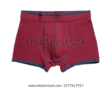 Men red boxers cutout. Male tight underwear of cotton with elastane isolated on a white background. New boxer briefs of burgundy color. Modern men underpants. New clean underclothes. Front view. Royalty-Free Stock Photo #2177617917