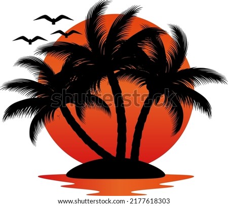 Illustration of coconut trees silhouettes with sunset. Tropical and beachy design ideal for logo and t-shirt print.