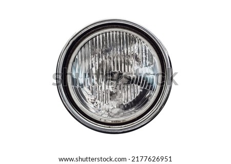 Old round headlight, an old-timer vehicle detail isolated on white background, close up Royalty-Free Stock Photo #2177626951