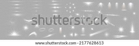 Light effect set. Glow isolated white transparent light effect set, lens flare, explosion, glitter, dust, line, sun flash, spark and stars, spotlight, curve twirl. Sunlight, abstract special effect. Royalty-Free Stock Photo #2177628613