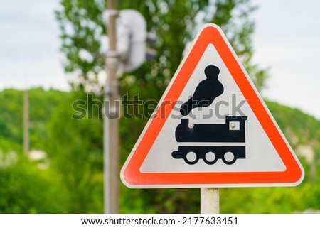Road sign railway crossing without barrier close-up. Background with copy space for text