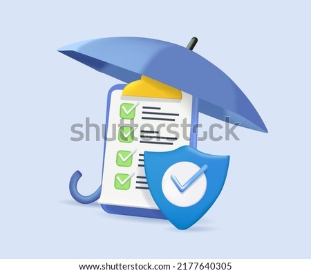 3D Business Insurance Concept. Policy Guarantee Business. 3D render illustration with Check Marks, Umbrella, Shield and checklist. Health insurance, Healthcare, finance and medical service. 3D vector Royalty-Free Stock Photo #2177640305