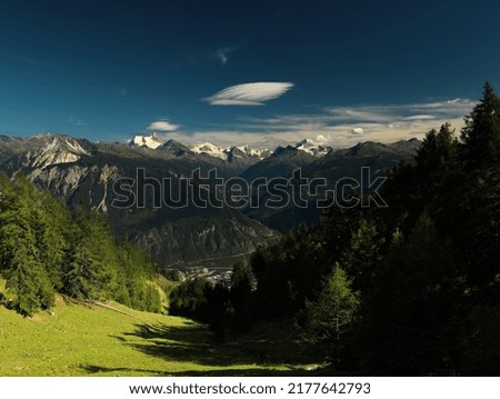 Panoramic view from Aminona-Sur-Sierre mountain village, Valais, Switzerland, Matterhorn, Weisshorn, Swiss Alps. Royalty-Free Stock Photo #2177642793