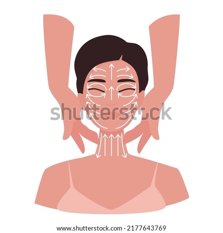 Infographic on scheme of facial massage lines. Top view with a cute girl, hands of a masseur and direction lines. Vector illustration isolated on white background.