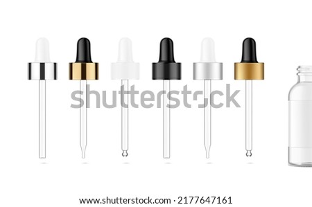 Pipette mockups for dropper bottle  isolated on white background. Vector illustration. Front view. Сan be used for cosmetic, medical and other needs. EPS10. Royalty-Free Stock Photo #2177647161