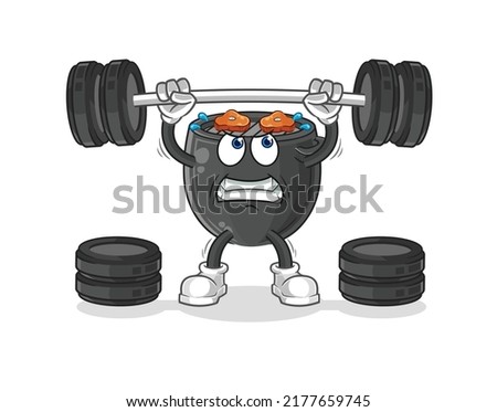 the barbecue lifting the barbell character. cartoon mascot vector