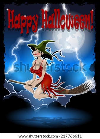 illustration of beautiful witch on a broomstick in the night sky