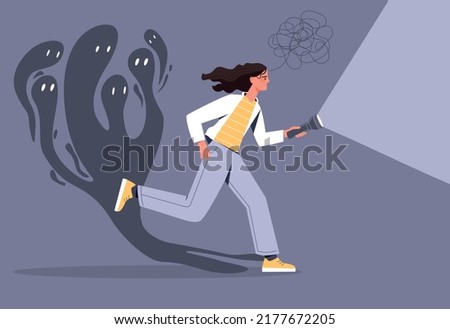 Fear attack concept. Woman with flashlight runs away from ghosts chasing her. Metaphor of fears, problems with mental health and psychology. Scared girl with phobia. Cartoon flat vector illustration Royalty-Free Stock Photo #2177672205