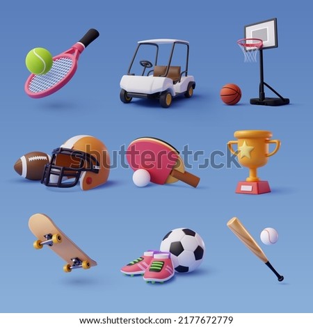 Collection of 3d sport icon collection isolated on blue, Sport and recreation for healthy life style concept. Eps 10 Vector. Royalty-Free Stock Photo #2177672779