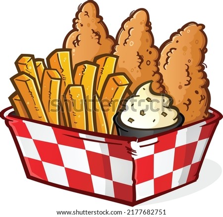 An irresistible basket of deep fried chicken tenders and crispy golden French fries fresh from the deep fryer Royalty-Free Stock Photo #2177682751