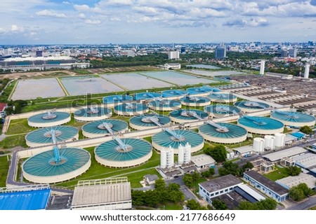 Aerial View of Drinking-Water Treatment. Microbiology of drinking water production and distribution, water treatment plant. Microbiology of drinking water production and distribution concept Royalty-Free Stock Photo #2177686649