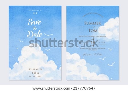 Watercolor hand drawn blue sky wedding invitation set template