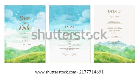 Set of wedding invitation with watercolor aquarelle landscape mountain background