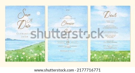 Set of wedding invitation with landscape beach hand drawn watercolor background template