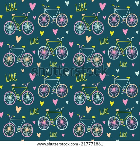 Seamless pattern with bikes and hearts. Cute bicycles background