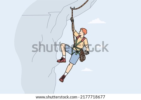 Man climbing mountain with special equipment. Male climber hanging on cliff. Mountaineer and extreme sport concept. Vector illustration. 