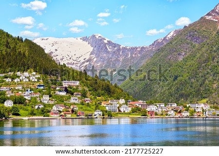 Balestrand village on the northern shore of the Sognefjord, Norway Royalty-Free Stock Photo #2177725227