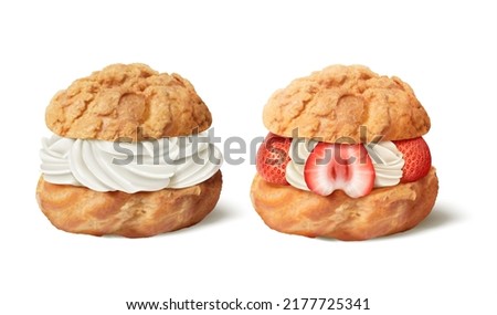 3d delicious cream puffs isolated on white background, one only with whipped custard and the other with fresh strawberries. Royalty-Free Stock Photo #2177725341