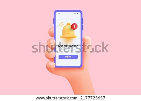 Cartoon hand holding the phone with Notification bell.  Social media chat, message, SMS, subscribe. 3d Vector illustration