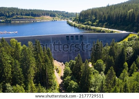 Aerial view from the Hydroelectric power plant with dam and
Lake Schluchsee. St. Blasien, Breisgau, Black forest, Baden-Wuerttemberg, Germany