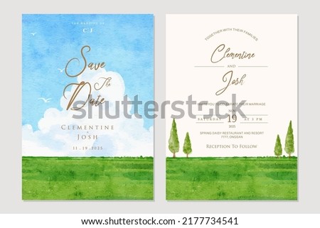 Watercolor blue sky big cloud landscape background wedding invitation set