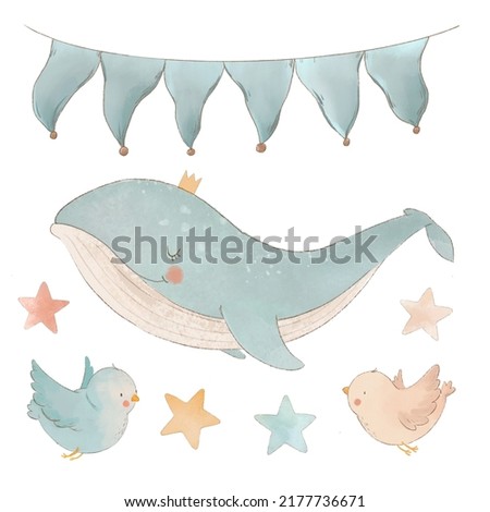 Beautiful children set contain cute watercolor whale with birds stars and flags clip art. Stock illustration.