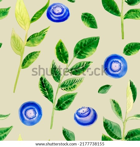  Blueberries and twigs with leaves watercolor seamless pattern. Endless summer ripe fruit background. Hand drawn botanical illustration. For packaging and fabric design.