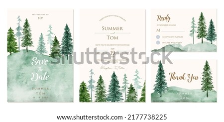 wedding invitation set with watercolor landscape pine tree Royalty-Free Stock Photo #2177738225