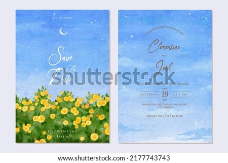 set of wedding invitation with hand drawn landscape night sky background