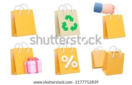 Shopping bag 3d icon set. Paper package. recycling, hold in hand, gift, discounts, etc. Isolated icons, objects on a transparent background Royalty-Free Stock Photo #2177752839